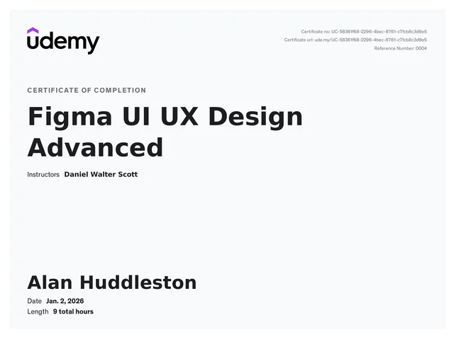 Figma UI UX Design Advanced, Udemy certificate
