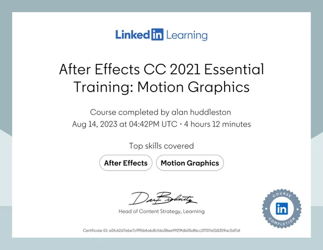 After Effects CC 2021 Essential Training: Motion Graphics, LinkedIn Learning certificate