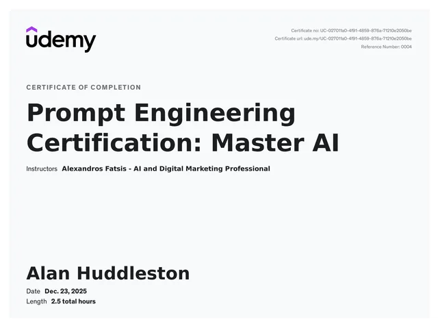 Prompt Engineering Certification: Master AI, Udemy certificate