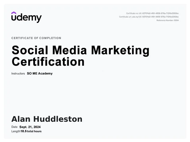 Social Media Marketing Certification, Udemy certificate